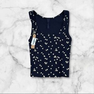 NWT SKIMS Cotton Rib Tank Top Navy Daisy Print Size L